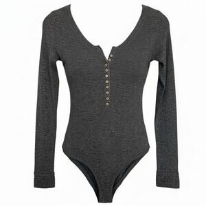 Free People Intimately Dylan Gray Ribbed Long Sleeve Henley Bodysuit, XS, EUC